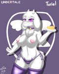  2016 anthro areola big_breasts boss_monster breasts caprine chest_tuft clothed clothing collar digital_media_(artwork) english_text eyelashes eyewear female food fur glasses goat hair hi_res horn legwear long_ears looking_at_viewer mammal milkteafox nipples purple_eyes simple_background solo standing text toriel tuft undertale underwear video_games white_fur 