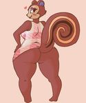  &lt;3 animal_crossing anthro big_breasts big_butt blush bottomless breasts butt clothed clothing eyeshadow hand_on_hip lipstick looking_at_viewer looking_back makeup mammal nintendo pecan_(animal_crossing) purple_lips rear_view rodent shirt signirsol simple_background smile solo squirrel standing thick_thighs video_games wide_hips 