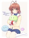  2016 antenna_hair blue_skirt brown_eyes brown_hair clannad dango_daikazoku dated furukawa_nagisa happy_birthday hikarizaka_private_high_school_uniform light_smile looking_at_viewer no_shoes pleated_skirt sailor_collar school_uniform short_hair sitting skirt solo wariza zaki_(negitorooic) 