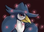  2013 ambiguous_gender avian bedroom_eyes bird half-closed_eyes honchkrow inkyfrog looking_at_viewer nintendo pok&eacute;mon red_background red_eyes seductive simple_background solo sparkle video_games 