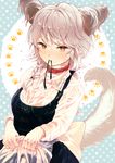  animal_ears apron bangs blue_background blue_dress braid breasts collar dog_collar dog_ears dog_tail dress izayoi_sakuya kemonomimi_mode layered_clothing long_sleeves looking_at_viewer maid maid_apron medium_breasts mouth_hold orange_eyes paw_print polka_dot polka_dot_background rinsing see-through shirt short_hair silver_hair single_braid solo surumeri_(baneiro) tail touhou upper_body wet wet_clothes wet_face wet_hair white_background white_shirt 