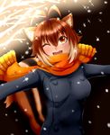  ;d animal_ears antenna_hair black_jacket blazblue blush brown_hair casual chukachuka fireworks highres jacket makoto_nanaya multicolored_hair one_eye_closed open_mouth orange_eyes orange_scarf scarf short_hair smile solo squirrel_ears squirrel_tail tail two-tone_hair upper_body 