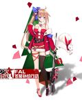  bell black_legwear blue_eyes blue_ribbon blush breasts brown_hair character_name cleavage copyright_name eyebrows_visible_through_hair fal_(girls_frontline) gift girls_frontline gun hair_ribbon highres holding holding_gun holding_weapon large_breasts long_hair looking_at_viewer parted_lips ponytail ribbon santa_costume solo suisai thighhighs weapon 