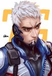  jacket lucha_cha male_focus overwatch scar soldier:_76_(overwatch) solo white_hair 