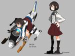  ace_of_spades airplane_wing bad_id bad_twitter_id boots brown_hair commentary frilled_shirt frills green_eyes grey_background hands_on_hips kitsuneno_denpachi nose_art original pleated_skirt shirt short_hair skirt smiley_face snowmobile socks solo suspenders white_shirt wings 