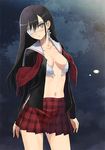  black_eyes black_hair blush bra breasts cleavage cross cross_earrings earrings eyepatch jewelry long_hair looking_at_viewer medium_breasts navel open_bra open_clothes original plaid plaid_skirt skirt solo standing tanaka_takayuki underwear 