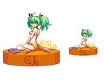  :&lt; ahoge ass bag_of_chips bangs bare_arms bare_legs barefoot bell bikini black_ribbon blush breasts brown_eyes chips eyebrows_visible_through_hair food from_behind full_body gj-bu green_hair hair_bell hair_between_eyes hair_ornament hair_ribbon kannazuki_tamaki looking_at_viewer looking_back medium_breasts migel_futoshi mouth_hold multiple_views o_o pixel_art ribbon shadow simple_background sitting snack swimsuit twintails wariza white_background yellow_bikini 