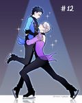  black_hair brown_eyes episode_number eye_contact hair_over_one_eye ice_skates katsuki_yuuri lifting_person looking_at_another male_focus multiple_boys nightcat silver_hair skates smile sparkle spotlight viktor_nikiforov yaoi yuri!!!_on_ice 