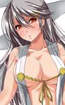  ar_(lover_boy) bangs bare_arms bare_shoulders blush breasts center_opening cleavage collarbone commentary_request hair_between_eyes hair_ornament hairclip haruna_(kantai_collection) heart heart-shaped_pupils highres kantai_collection large_breasts long_hair looking_at_viewer nontraditional_miko nose_blush orange_eyes parted_lips sideboob silver_hair solo sweat swept_bangs symbol-shaped_pupils upper_body 