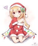  2016 alternate_costume alternate_headwear bell blonde_hair blush bow chestnut_mouth clown_222 collarbone commentary crystal dated dress eyebrows_visible_through_hair flandre_scarlet full_body green_bow hair_between_eyes hair_bow hat long_sleeves looking_at_viewer off_shoulder oversized_clothes pointy_ears pom_pom_(clothes) red_dress red_eyes santa_costume santa_hat side_ponytail sitting sleeves_past_wrists socks solo squiggle strap_slip sweat touhou twitter_username wings yokozuwari 