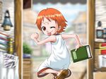  1girl ;p blush book brown_eyes child dress female holding holding_book ichibit looking_at_viewer looking_back nami_(one_piece) one_eye_closed one_piece orange_hair running sandals shoes short_hair smile solo tongue tongue_out wink 