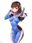  acronym animal_print bangs blue_bodysuit bodysuit boots bracer breasts breasts_apart brown_eyes brown_hair bunny_print choconyan_(rlflsahs123) closed_mouth covered_navel covered_nipples cowboy_shot d.va_(overwatch) emblem eyebrows_visible_through_hair facepaint facial_mark gloves hand_on_headphones hands_up headphones legs_together lips logo long_hair looking_at_viewer medium_breasts overwatch pauldrons pilot_suit pink_lips pointing pointing_at_viewer ribbed_bodysuit shoulder_pads simple_background skin_tight solo thigh_boots thigh_gap thigh_strap thighhighs turtleneck whisker_markings white_background white_gloves 