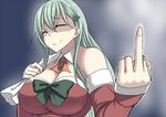 alternate_costume aqua_hair ascot bare_shoulders bow bowtie breasts christmas cleavage closed_mouth detached_collar detached_sleeves green_bow green_neckwear hair_ornament kantai_collection kinntarou large_breasts long_hair middle_finger sack santa_costume shaded_face smile solo suzuya_(kantai_collection) upper_body 