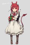  animal_ears apron blush boots bow bowtie box cross-laced_footwear demon_tail eyebrows eyebrows_visible_through_hair full_body gift gift_box grey_background holding holding_gift ikeuchi_tanuma looking_at_viewer maid maid_headdress open_mouth original red_eyes red_hair ribbon short_hair simple_background solo standing tail thigh_boots thighhighs triangle_mouth twitter_username waist_apron 