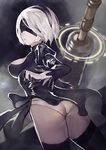  1girl artist_request ass beauty_mark black_dress blindfold breasts from_behind gloves hairband mole mole_under_mouth nier_(series) nier_automata panties parted_lips short_dress short_hair sideboob solo sword thighhighs weapon white_hair yorha_unit_no._2_type_b 