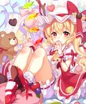  ascot blonde_hair bloomers bobby_socks eating flandre_scarlet food food_on_face hat hat_ribbon heart heart-shaped_pupils looking_at_viewer macaron mary_janes mob_cap paragasu_(parags112) puffy_short_sleeves puffy_sleeves red_eyes red_footwear red_ribbon red_skirt ribbon shoes short_sleeves side_ponytail sitting skirt skirt_set socks solo stuffed_animal stuffed_toy symbol-shaped_pupils teddy_bear touhou underwear white_legwear wings wrist_cuffs 