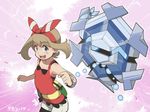  :d bandana bike_shorts blue_eyes blush brown_hair camisole clenched_hands cryogonal daradara_panda emphasis_lines gen_5_pokemon hair_ribbon haruka_(pokemon) looking_at_viewer mega_stone open_mouth pokemon pokemon_(creature) pokemon_(game) pokemon_oras ribbon shorts smile 