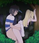  1boy 1girl against_tree baseball_cap bent_over black_hair blonde_hair bottomless breasts clothed_sex doggystyle dress dress_lift hat hetero highres lillie_(pokemon) long_hair male_protagonist_(pokemon_sm) night nipples open_mouth outdoors pleated_skirt pokemon pokemon_(game) pokemon_sm ponytail sex shirt short_hair skirt skirt_lift small_breasts spoilers striped striped_shirt sweat t-shirt topless torso_grab tree trembling umayahara0130 white_skirt 