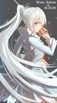  2016 bangs blue_eyes character_name closed_mouth cowboy_shot dark_background dated earrings eyebrows from_side highres holding holding_sword holding_weapon jewelry kanryourei long_hair long_sleeves looking_at_viewer myrtenaster ponytail profile rwby solo sword tiara very_long_hair weapon weiss_schnee white_hair 