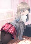  all_fours ass bag black_legwear cardigan comah dutch_angle long_hair open_mouth original pantyhose plaid plaid_skirt silver_hair skirt solo twintails wooden_floor 