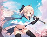  ahoge arm_guards black_bow black_legwear black_scarf blonde_hair blue_sky blush bow cherry_blossoms chunrijun_(springer) collarbone commentary_request day fate_(series) fighting_stance hair_between_eyes hair_bow half_updo highres holding holding_sword holding_weapon koha-ace leaning_forward long_sleeves navel okita_souji_(fate) okita_souji_(fate)_(all) panties pantyshot petals scarf serious sheath sheathed short_hair sky solo spring_(season) stomach sword thighhighs tree tsurime underwear unsheathing weapon wide_sleeves yellow_eyes 