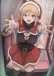  black_legwear blonde_hair breasts capelet christmas cleavage cleavage_cutout commentary_request entrance green_eyes hair_between_eyes hat large_breasts looking_at_viewer open_mouth original outstretched_arms ribbed_sweater santa_costume santa_hat solo sweater yukiguni_yuu 