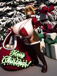  2016 3d_(artwork) annabelle_cow anthro anthroanim bag big_breasts blonde_hair bovine breasts cattle christmas clothed clothing detailed_background digital_media_(artwork) female fur hair hat holidays horn huge_breasts hyper legwear looking_at_viewer mammal milk outside santa_hat smile solo tree 