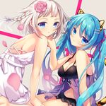  animal_ears aqua_hair babydoll bangs blue_eyes blunt_bangs braid breasts cat_ears cat_tail cleavage hair_ornament hairclip hatsune_miku long_hair medium_breasts multiple_girls nametakenoko one_(cevio) silver_hair sitting tail vocaloid 