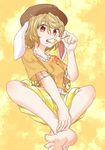  animal_ears barefoot benizuwai blonde_hair bunny_ears commentary_request dango eating feet floppy_ears food hat highres holding holding_food indian_style looking_at_viewer orange_shirt red_eyes ringo_(touhou) shirt short_hair short_sleeves shorts sitting solo toes touhou wagashi yellow_background yellow_shorts 