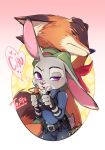  2016 absurd_res anthro blush canine claws clothing disney duo female fox fur hi_res judy_hopps lagomorph lenmue0 male mammal nick_wilde rabbit simple_background text toy zootopia 