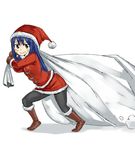  black_pants blue_hair blush boots carrying carrying_over_shoulder coat dragging fairy_tail gloves hair_between_eyes hat leggings legs long_hair long_sleeves looking_at_viewer mashima_hiro official_art pants santa_costume santa_hat simple_background skirt smile solo sweat thighs wendy_marvell white_background 