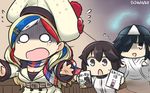  animalization bear beauty_and_the_beast belt beret black_hair blonde_hair blue_eyes blue_hair brown_eyes cat chasing commandant_teste_(kantai_collection) commentary double-breasted ghost hair_over_one_eye hamu_koutarou hat hayashimo_(kantai_collection) hayasui_(kantai_collection) highres hitodama jacket japanese_clothes kantai_collection kimono kumano_(kantai_collection) long_hair manga_(object) multicolored_hair multiple_girls o_o plaid plaid_scarf pom_pom_(clothes) puss_in_boots red_hair running scarf short_hair streaked_hair suzuya_(kantai_collection) tama_(kantai_collection) tears translated triangular_headpiece white_hair white_jacket 