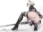  ass black_dress black_legwear blindfold butcha-u commentary_request dated dress from_behind full_body high_heels holding holding_sword holding_weapon nier_(series) nier_automata panties parted_lips partially_visible_vulva short_hair signature silver_hair solo squatting sword thighhighs underwear weapon white_panties yorha_no._2_type_b 