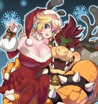  1girl antlers arms bad_id bad_pixiv_id bell bell_collar blonde_hair blush bowser breast_press breasts carrying carrying_bag christmas_stocking cleavage collar detached_sleeves dress earrings eyelashes fangs hand_on_hip happy hat huge_breasts jewelry large_breasts long_hair looking_at_breasts looking_at_viewer mario_(series) mohawk monster muscle princess_peach red_eyes red_hair ribbon santa_costume santa_hat scales sitting sitting_on_arm skirt snowflakes spiked_collar spikes strapless strapless_dress super_mario_bros. thick_eyebrows thigh_grab thighhighs thighs tongue turtle_shell zabumaku 