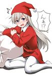  1girl coat commentary_request drooling eila_ilmatar_juutilainen hat long_hair no_shoes open_mouth pantyhose sack saliva santa_hat silver_hair sitting solo strike_witches waking_up white_legwear world_witches_series youkan 