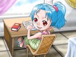  1girl :d blue_hair blush book chair child desk dress female ichibit looking_at_viewer looking_back nefertari_vivi one_piece open_mouth paper ponytail red_eyes sandals shoes sitting smile solo 