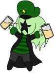  2016 alcohol animated beer beverage boots chibi clothed clothing cup cute digital_media_(artwork) female footwear green_skin hair hat holding_object humanoid jacket long_hair mrs_bartender non_nude not_furry novakid solo standing standing_tough star starbound video_games 