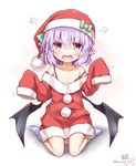  2016 :o =3 alternate_costume angry bare_shoulders bat_wings blush bow clown_222 collarbone commentary dated fangs full_body green_bow hat hat_bow heart lavender_hair looking_at_viewer off_shoulder oversized_clothes pink_eyes pointy_ears pom_pom_(clothes) remilia_scarlet santa_costume santa_hat sitting sleeves_past_fingers sleeves_past_wrists socks solo star strap_slip sweat touhou twitter_username v-shaped_eyebrows wariza wings 