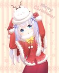  antlers blue_eyes blue_hair capelet christmas gochuumon_wa_usagi_desu_ka? hair_ornament highres kafuu_chino merry_christmas pom_pom_(clothes) reindeer_antlers ribbon runamochi santa_costume tippy_(gochiusa) x_hair_ornament yellow_ribbon 