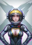  astronaut black_hair blue_eyes breasts center_opening cleavage cleavage_cutout commentary gloves hands_on_hips headgear headset helmet large_breasts looking_at_viewer mole mole_under_eye nose original parted_lips short_hair smile solo spacesuit upper_body wen_juinn 