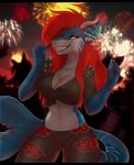  5_fingers anthro black_lips blue_skin clothed clothing female fin fireworks fish hair marine midriff navel purrchinyan red_eyes red_hair shark smile solo teeth wide_hips 