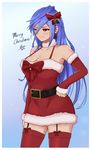  absurdres airisubaka bare_shoulders blue_hair breasts christmas detached_sleeves elbow_gloves fur_trim garter_straps gloves hat highres iris_heart kami_jigen_game_neptune_v large_breasts long_hair merry_christmas neptune_(series) red_eyes santa_costume santa_hat solo symbol-shaped_pupils very_long_hair 