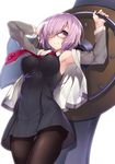  adapted_costume alternate_costume armpits arms_up ass_visible_through_thighs bangs breasts collared_shirt commentary dress eyebrows_visible_through_hair fate/grand_order fate_(series) from_below glasses hair_over_one_eye holding_shield hood hoodie kodama_yuu large_breasts looking_at_viewer mash_kyrielight necktie pantyhose purple_eyes purple_hair shield shirt short_hair simple_background sleeveless sleeveless_dress sleeveless_shirt smile solo white_background white_shirt 