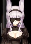  animal_ears bangs black_dress blindfold blunt_bangs breasts cleavage cleavage_cutout cosplay cyber_(cyber_knight) dress hairband heidimarie_w_schnaufer highres lavender_hair long_hair long_sleeves medium_breasts nier_(series) nier_automata puffy_long_sleeves puffy_sleeves see-through solo strike_witches upper_body world_witches_series yorha_no._2_type_b yorha_no._2_type_b_(cosplay) 