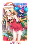  2016 adapted_costume arms_behind_back bangs bare_shoulders blonde_hair blunt_bangs blurry blurry_background blush boots box braid breasts christmas_ornaments christmas_tree closed_mouth collarbone cosmog dated detached_sleeves dress fur_trim gen_7_pokemon gift gift_box green_eyes hat hattori_masaki holding leaning_forward light_particles lillie_(pokemon) long_hair looking_at_viewer outside_border poke_ball_symbol pokemon pokemon_(creature) pokemon_(game) pokemon_sm red_dress red_footwear santa_costume santa_hat see-through short_sleeves side_braid small_breasts standing twin_braids 