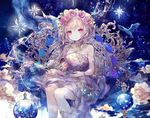  bangs bare_shoulders bracelet closed_mouth commentary_request crystal empty_eyes gem head_wreath jar jewelry looking_at_viewer necklace onineko original red_eyes short_hair silver_hair sitting smoke solo star under_covers water 