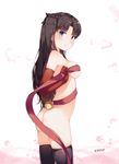  artist_name ass bell black_hair black_legwear blue_eyes blush breasts covered_nipples deru06 elbow_gloves fate/stay_night fate_(series) gloves hair_ribbon highres long_hair looking_to_the_side medium_breasts naked_ribbon red_gloves red_ribbon ribbon shiny shiny_skin sideboob solo thighhighs toosaka_rin two_side_up 