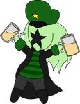  2016 alcohol beer beverage boots chibi clothed clothing cup cute digital_media_(artwork) female footwear green_skin hair hat holding_object humanoid jacket long_hair mrs_bartender non_nude not_furry solo standing standing_tough star starbound video_games 