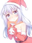  alternate_costume bare_shoulders belt blue_eyes blue_hair christmas commentary_request elbow_gloves gift gloves gochuumon_wa_usagi_desu_ka? hair_ornament hairclip hat head_tilt holding kafuu_chino long_hair looking_at_viewer racer_(magnet) red_gloves santa_costume santa_hat simple_background solo white_background x_hair_ornament 