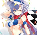  ;) armband bangs belt bikini_top blue_eyes blush body_blush bow braid breasts checkered checkered_flag closed_mouth confetti eyebrows_visible_through_hair flag green_bow hair_bow holding holding_flag izayoi_sakuya looking_at_viewer medium_breasts navel one_eye_closed paragasu_(parags112) race_queen red_scarf scarf short_hair sideboob smile solo sparkle stomach touhou twin_braids upper_body visor_cap 
